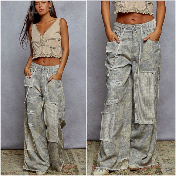 POL Camo Floral Print Distressed Stretchy Waist Wide leg Cotton Pants - Picture 1 of 3